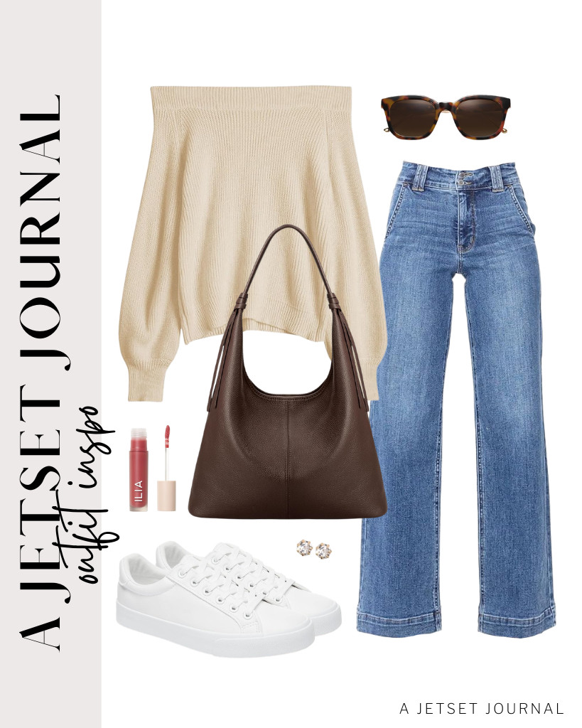 This ZAFUL off-the-shoulder knit sweater pairs perfectly with Astylish high-waisted jeans. Wear these SERNIAL white tennis shoes and grab this trendy befen leather shoulder bag to style the fit. These SOJOS polarized sunnies will finish the look. 

 #LTKSeasonal #LTKSaleAlert #LTKTravel