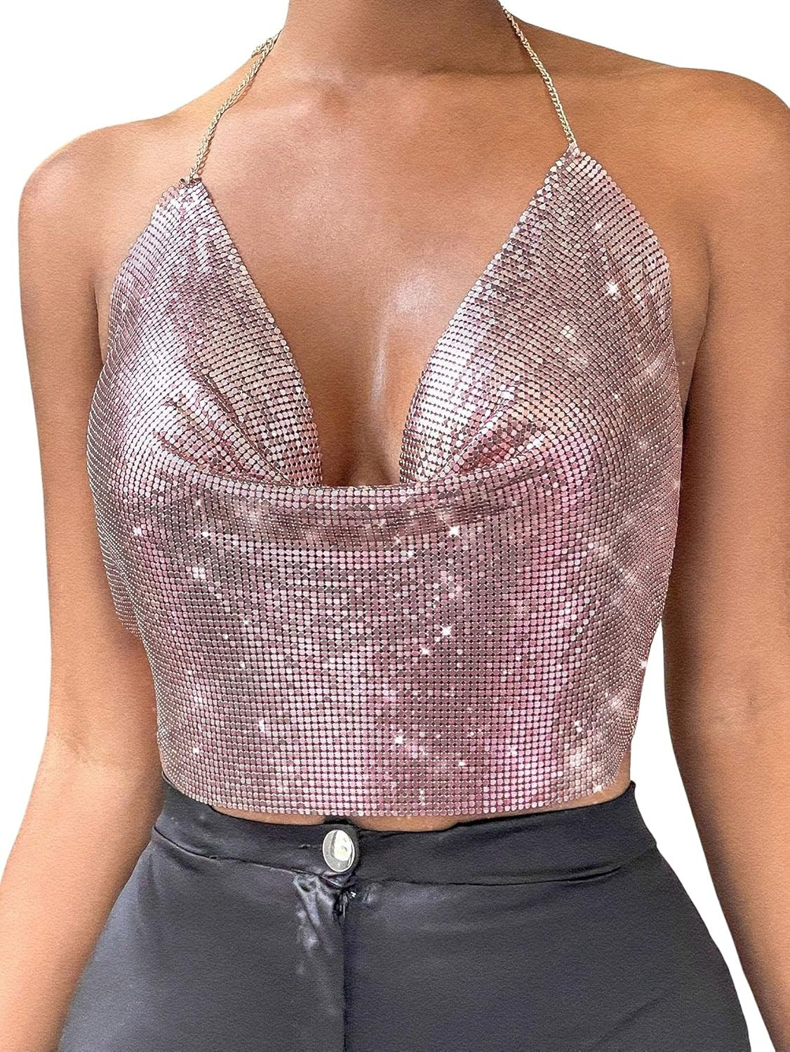 SheIn Women's Sparkle Sequin Halter Tops Sleeveless Backless Cowl Neck Chain Crop Cami | Amazon (US)