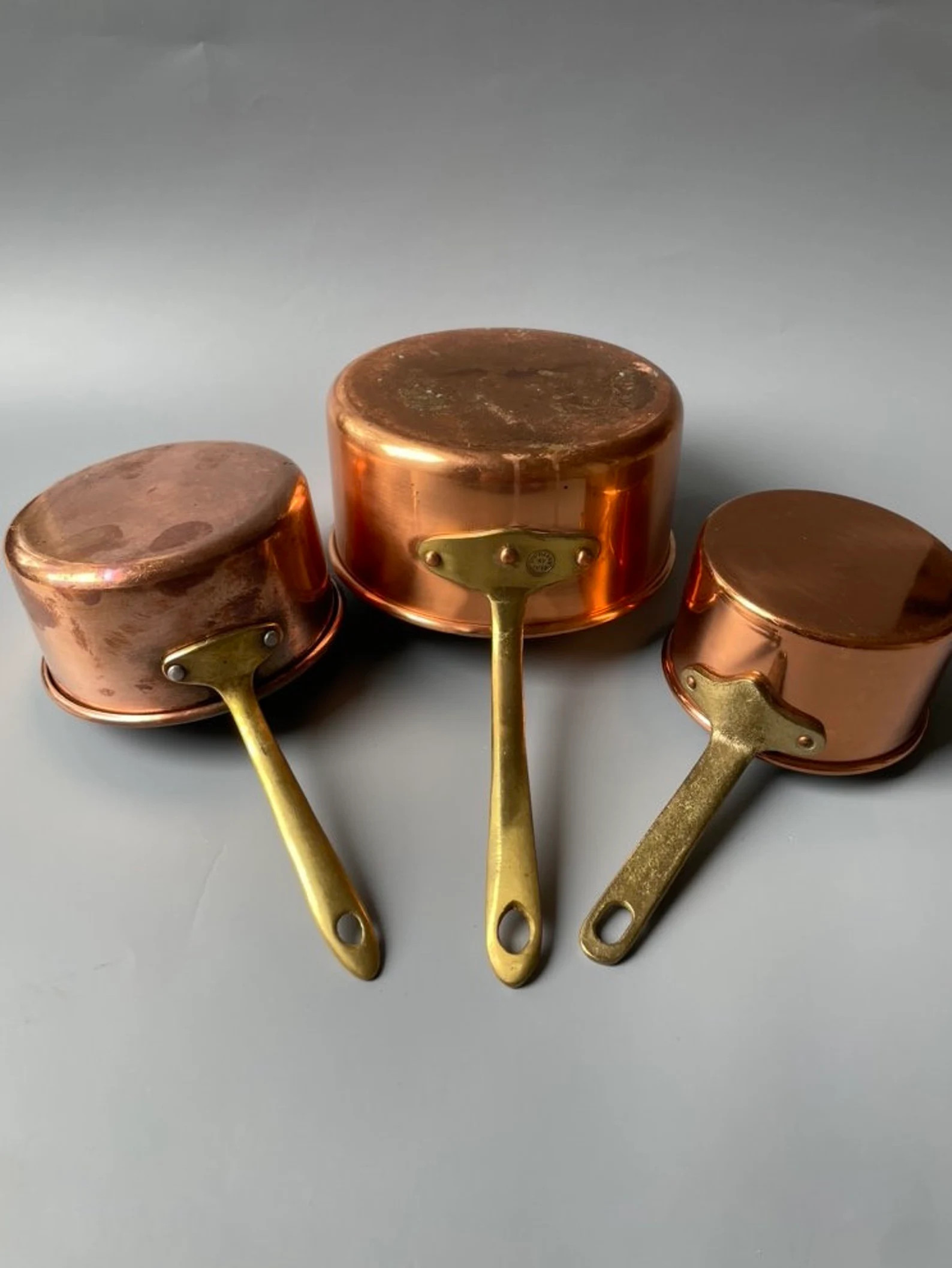 Set of 3 vintage copper pots / different size sauté pan / kitchen display decor / brass handles ... | Etsy (US)