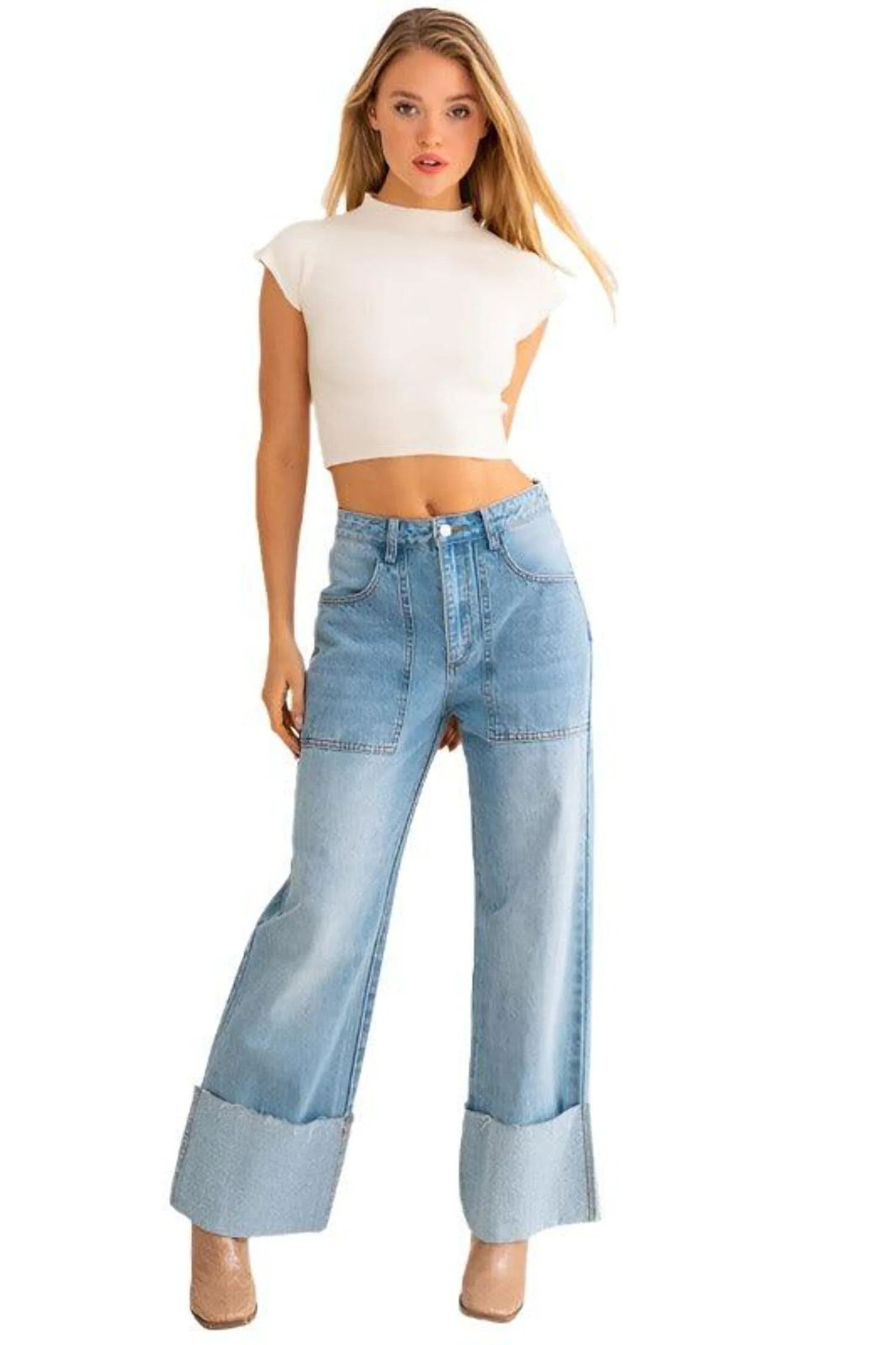 High-Waisted Wide Leg Cuffed Jeans | Walmart (US)