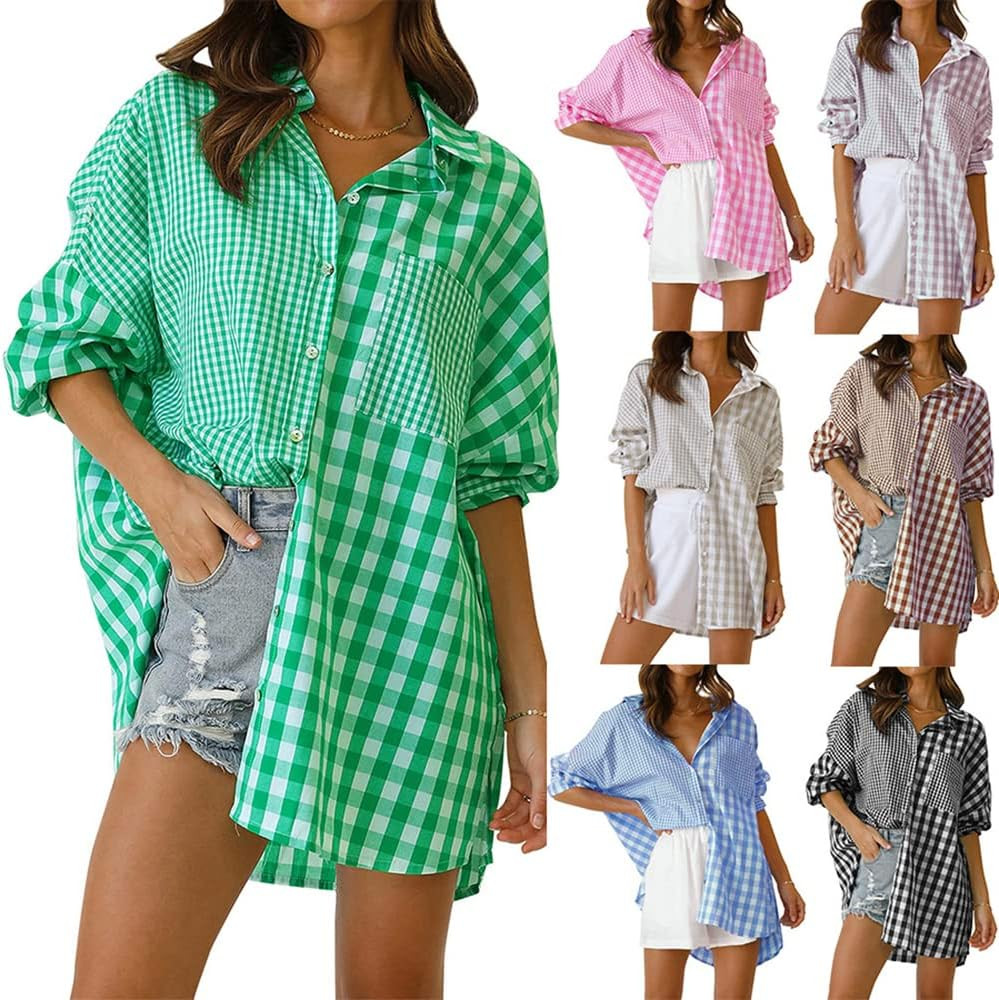 Mayntop Womens Checkered Plaid Long Sleeve Tunic Shirt Button-Down Pocket Oversized Smock Busines... | Amazon (US)
