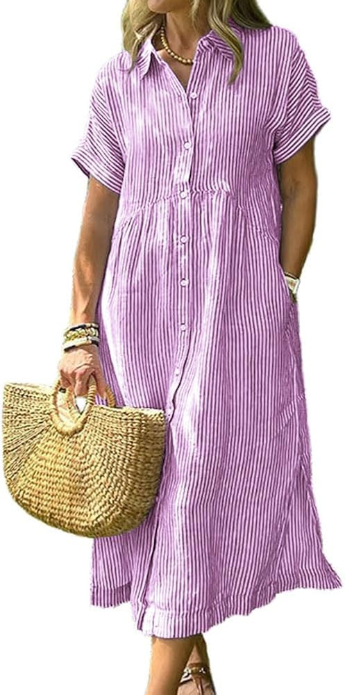 chouyatou Women's Summer Striped Midi Long Shirt Dress Casual Loose Short Sleeve Button Down Dres... | Amazon (US)
