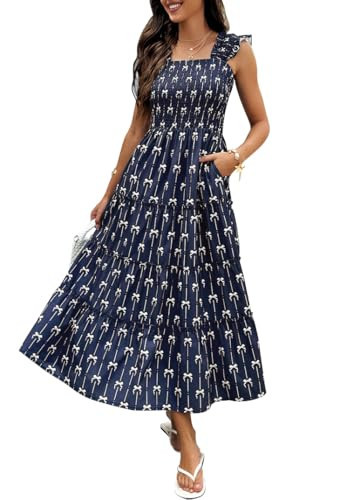 ECOWISH Women's Summer Maxi Dresses - 2026 Sleeveless Square Neck Smocked Ruffle High Waist Flowy Tiered Boho Beach Sundress Navy Blue X-Large | Amazon (US)