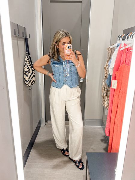 Target try on size 8. Midsize Target fashion finds. Summer mom outfits on a size eight. 

Denim vest runs large. In a size small. Trouser pants have elastic back and run a bit big. In my typical 8.

@targetstyle @target #target #targetstyle #targetfinds 

#LTKMidsize #LTKSaleAlert #LTKFindsUnder50