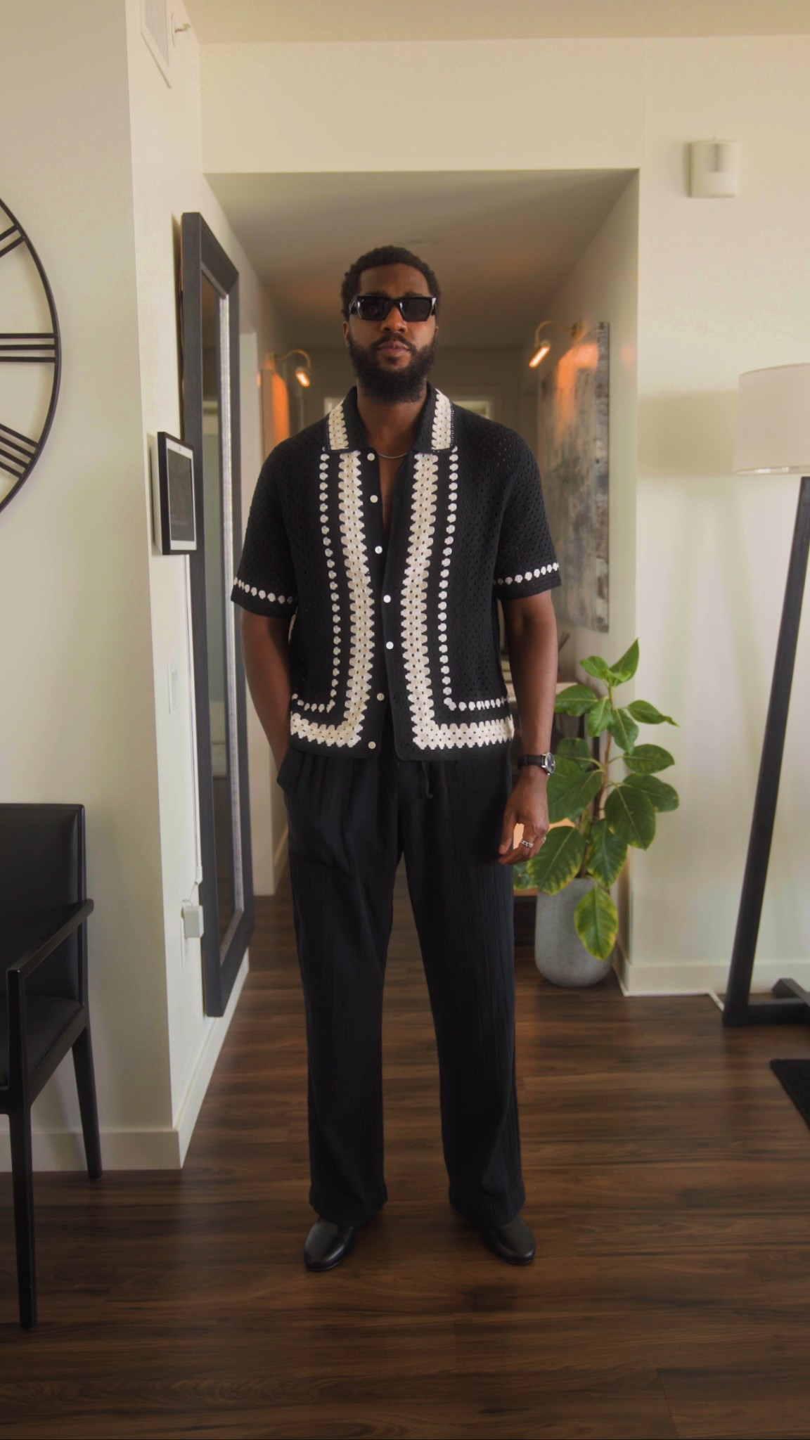 Black relaxed fitting vacation outfit with a crochet button through shirt. Links below ⬇️.

#LTKMens