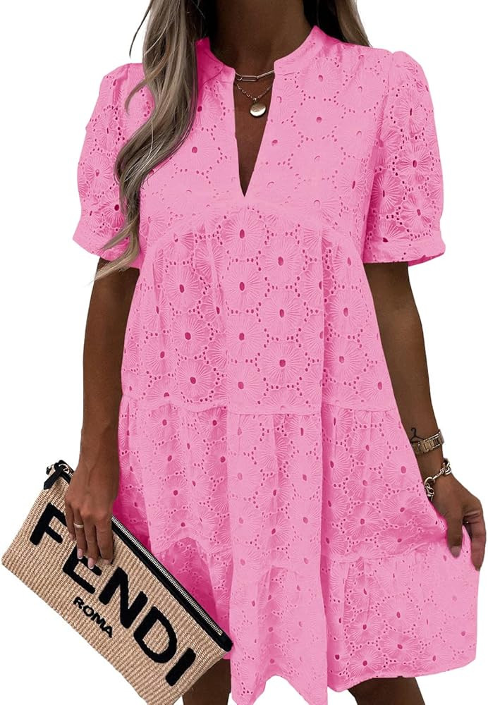 Imily Bela Womens Summer Lace Dresses Eyelet Casual Flowy Babydoll Swing Short Sleeve V Neck Tuni... | Amazon (US)