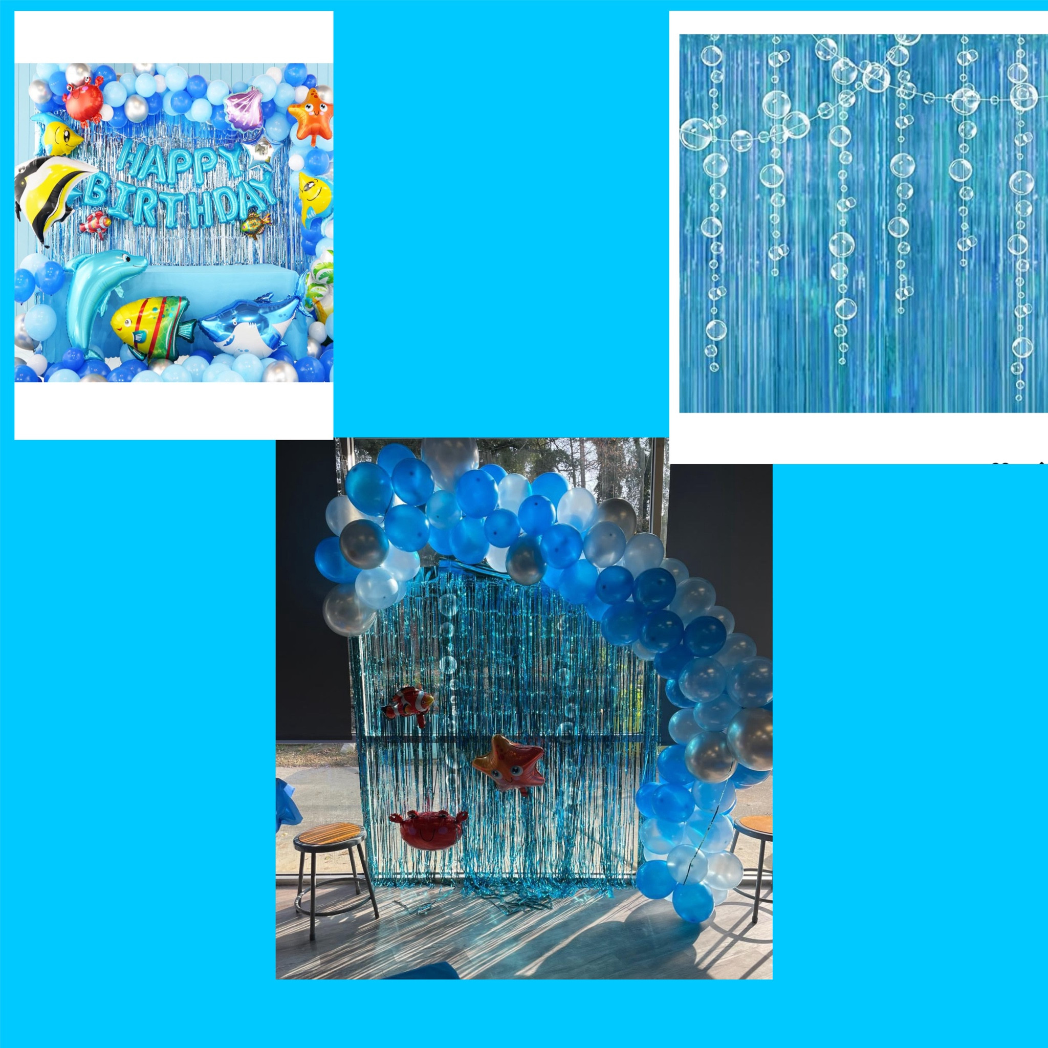 2 deep in the sea birthday party. Fish ballon’s and blue all around 