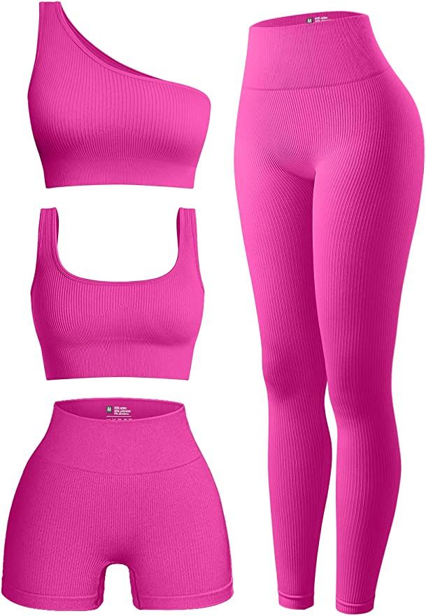 Amazon.com: OQQ Women's 4 Piece Outfits Ribbed Exercise Scoop Neck Sports Bra One Shoulder Tops H... | Amazon (US)