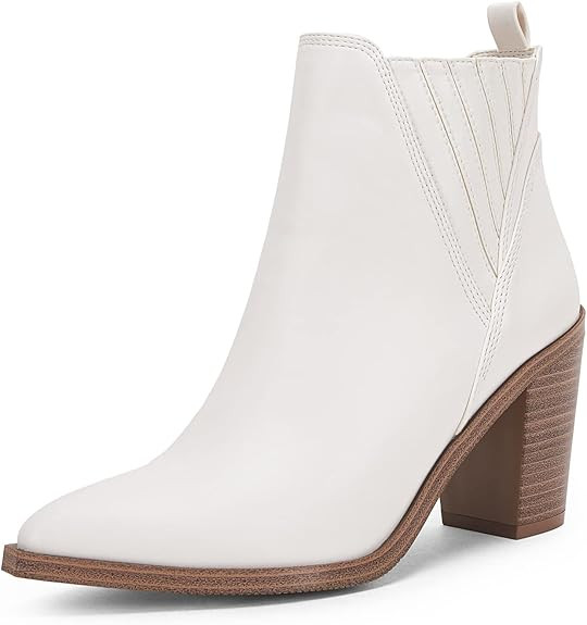 Coutgo Womens Pointed Toe Ankle Boots Chunky Stacked Block Mid Heel Western Chelsea Booties | Amazon (US)