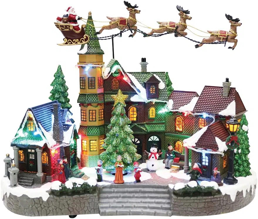 12.8"H Animated Santa Flying Over Town (Tree & Santa) - LED, 8 Music, Adapter - Hand-Painted Resi... | Wayfair North America