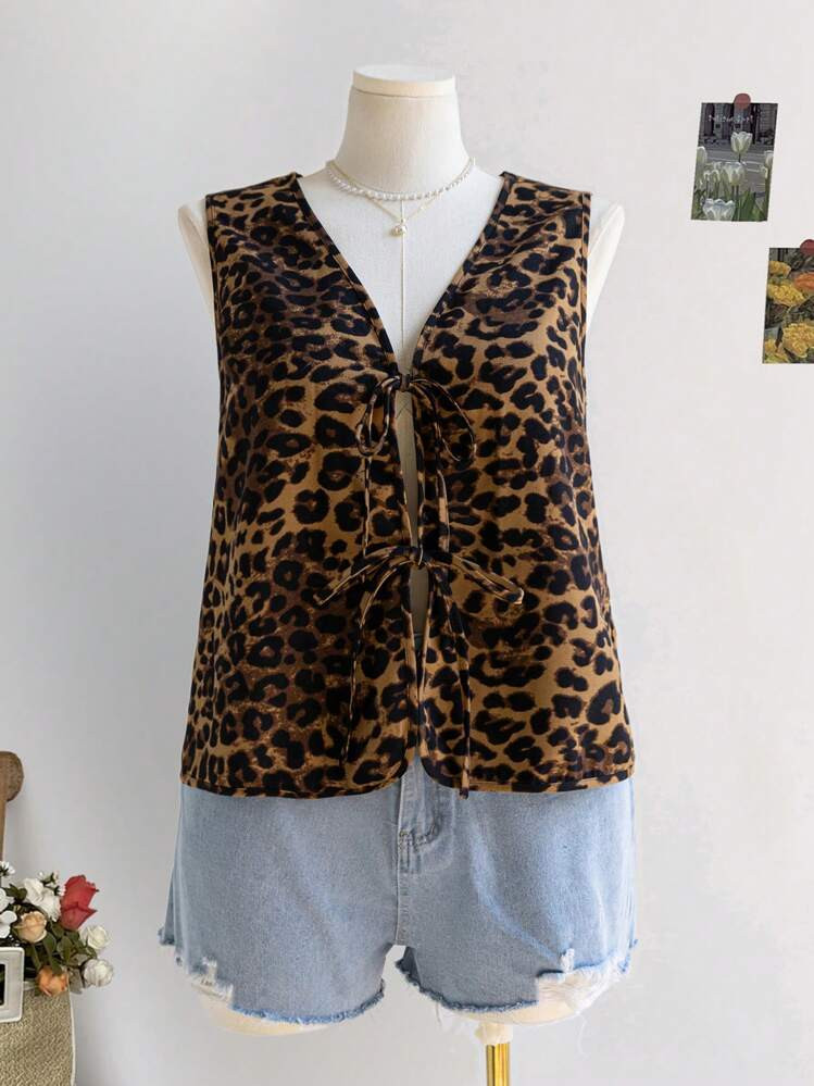 Soleia Plus Size Women's Floral & Leopard Print Sleeveless Babydoll Top, Back To School/Fall Vacation Outfit | SHEIN