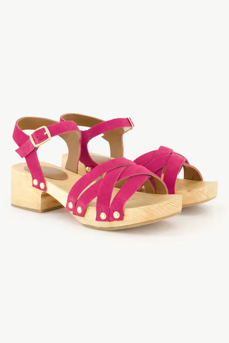 Leder-Clog-Sandaletten, Nieten, Holzsohle, Blockabsatz | Happy Size - DE