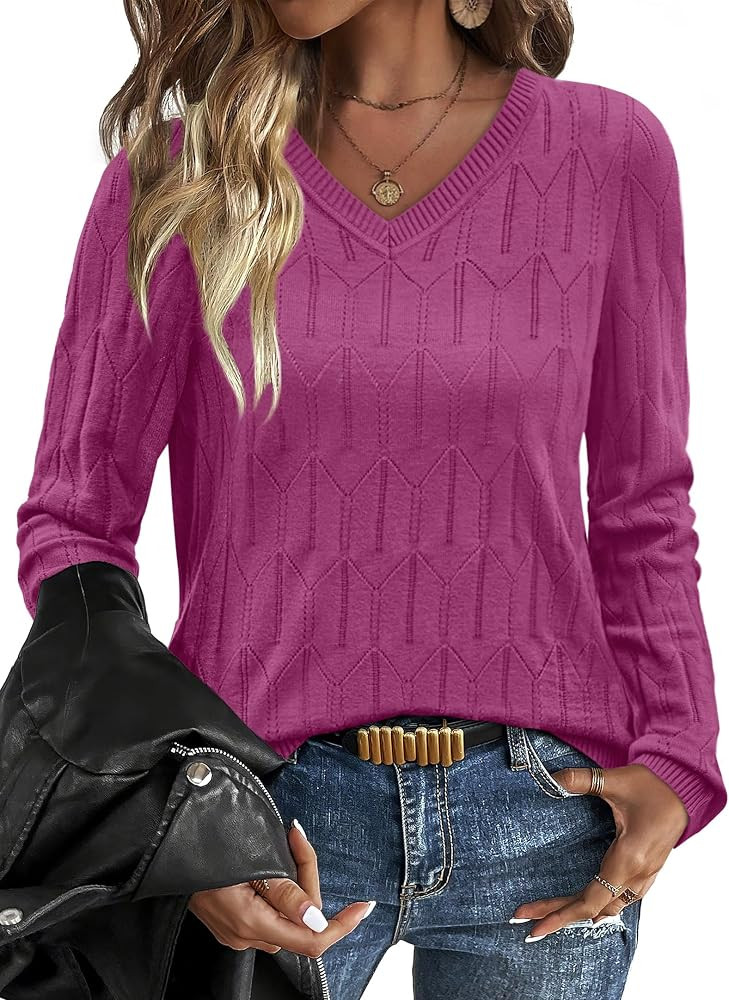 OFEEFAN Womens Sweaters Long Sleeve Shirts Fall Outfits 2026 V Neck Soft Knit Pullover Trendy Top... | Amazon (US)