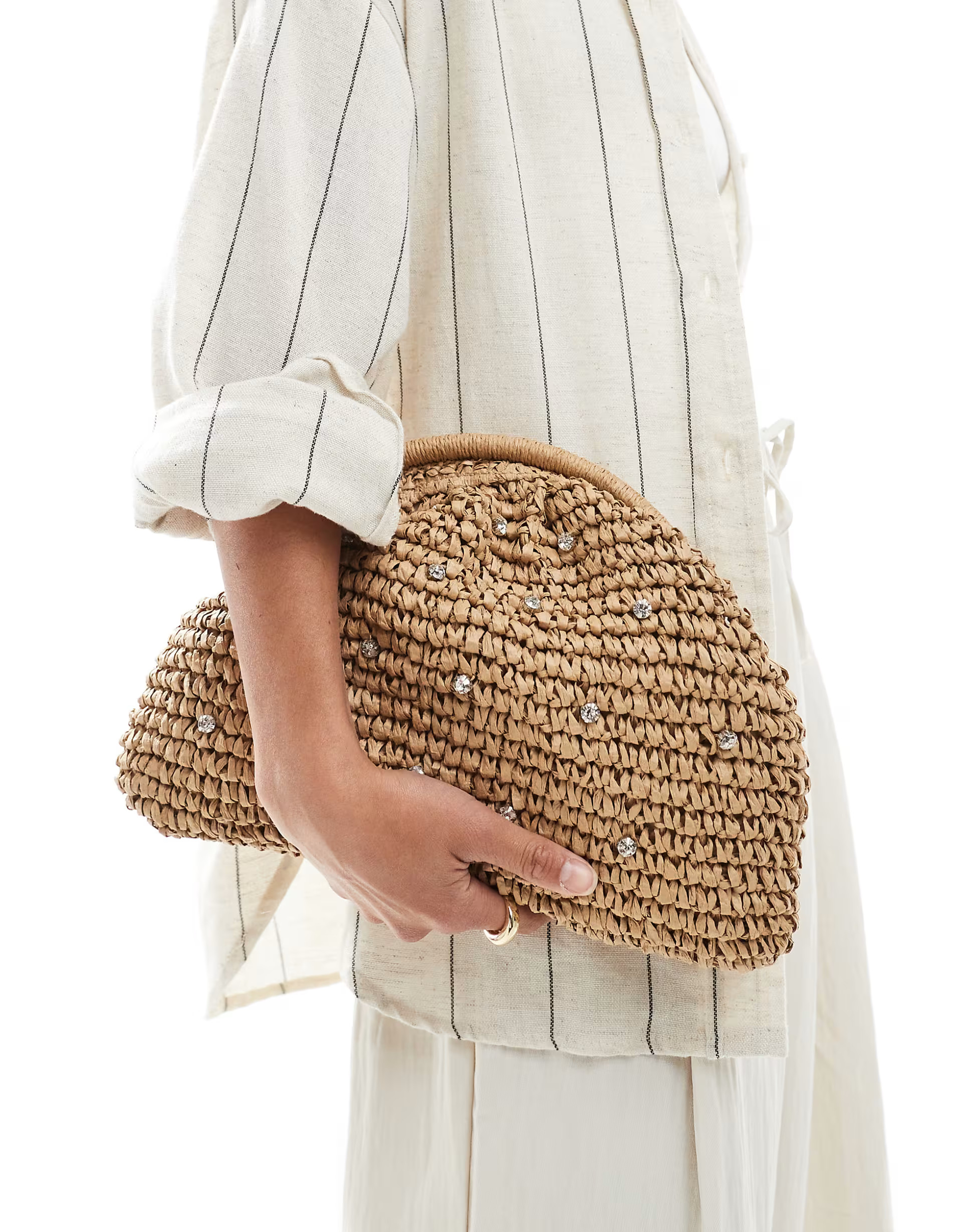 New Look raffia embellished clutch bag in stone | ASOS (Global)