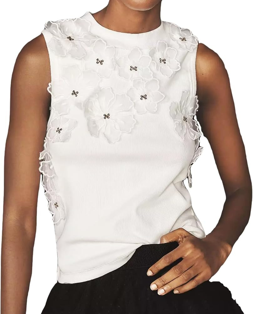 3D Floral Applique Ribbed Knit Tank Tops for Women Elegant Mock Neck Sleeveless Top Spring Summer... | Amazon (US)