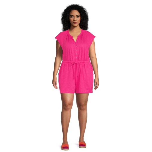 Terra & Sky Women's Plus Size Button-Front Knit Romper - Walmart.com | Walmart (US)
