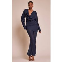 Navy Chiffon Extreme Cowl Neck Long Sleeve Maxi Dress | PrettyLittleThing US