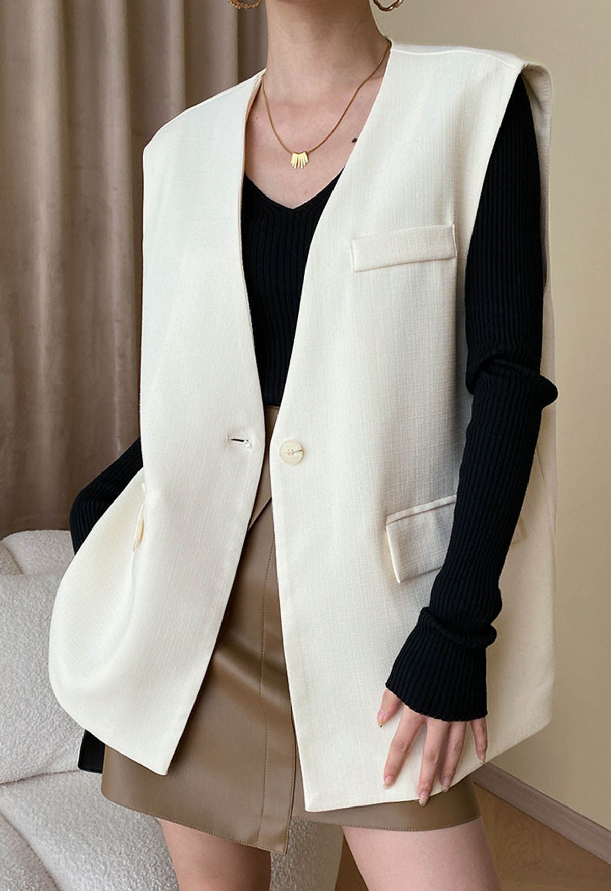 Flap Pocket Vest Blazer in Ivory | Chicwish