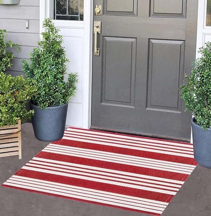 Red and White Striped Outdoor Rug 24'' x 35'' Door Mat Outdoor Machine Washable Welcome Mats Cott... | Amazon (US)