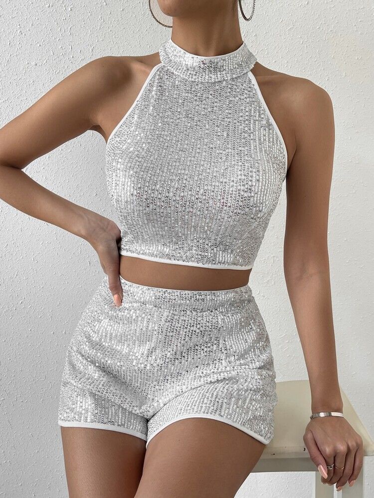 SHEIN BAE Sequin Halter Top & Shorts | SHEIN