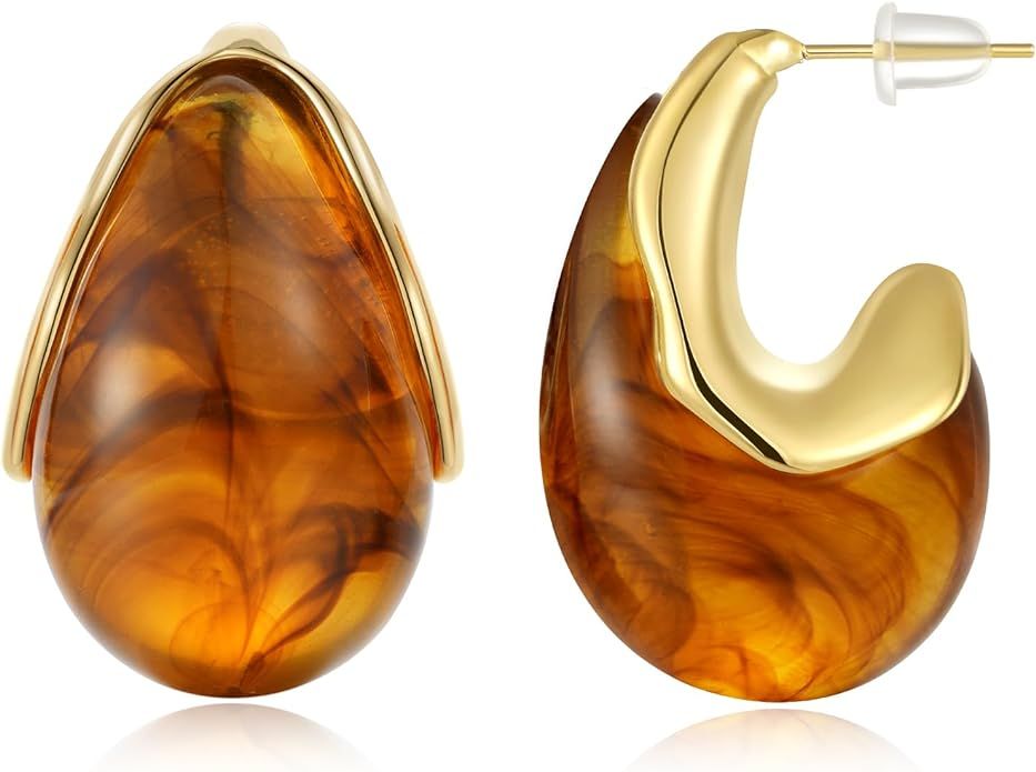 KissYan Acrylic Teardrop Earrings for Women, 14K Gold Plated Resin Amber Dangle Drop Earrings, Li... | Amazon (US)
