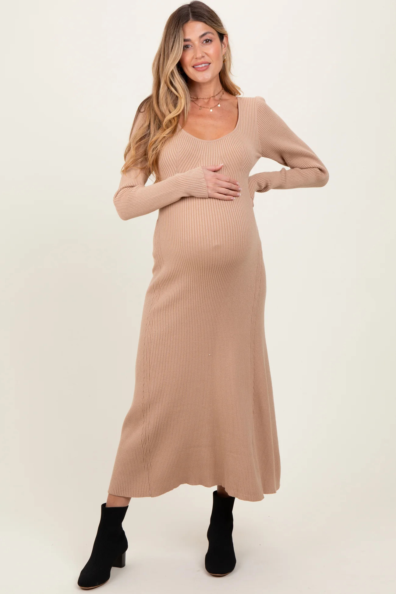 Beige Ribbed Knit Maternity Maxi Sweater Dress | PinkBlush Maternity
