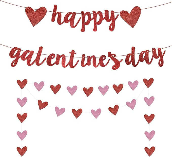 Happy Galentine's Day Banner, Red Glittery Galentine’s Day Decorations, Heart Garland Banner De... | Amazon (US)