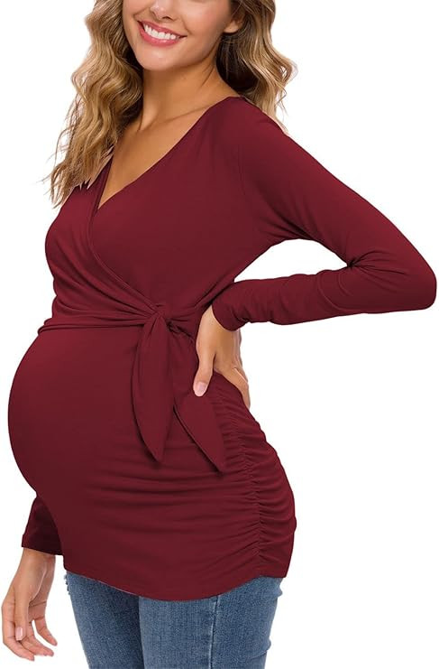 Glampunch Women's Maternity Shirts Short & Long Sleeve Tie Front Wrap Maternity Tops | Amazon (US)