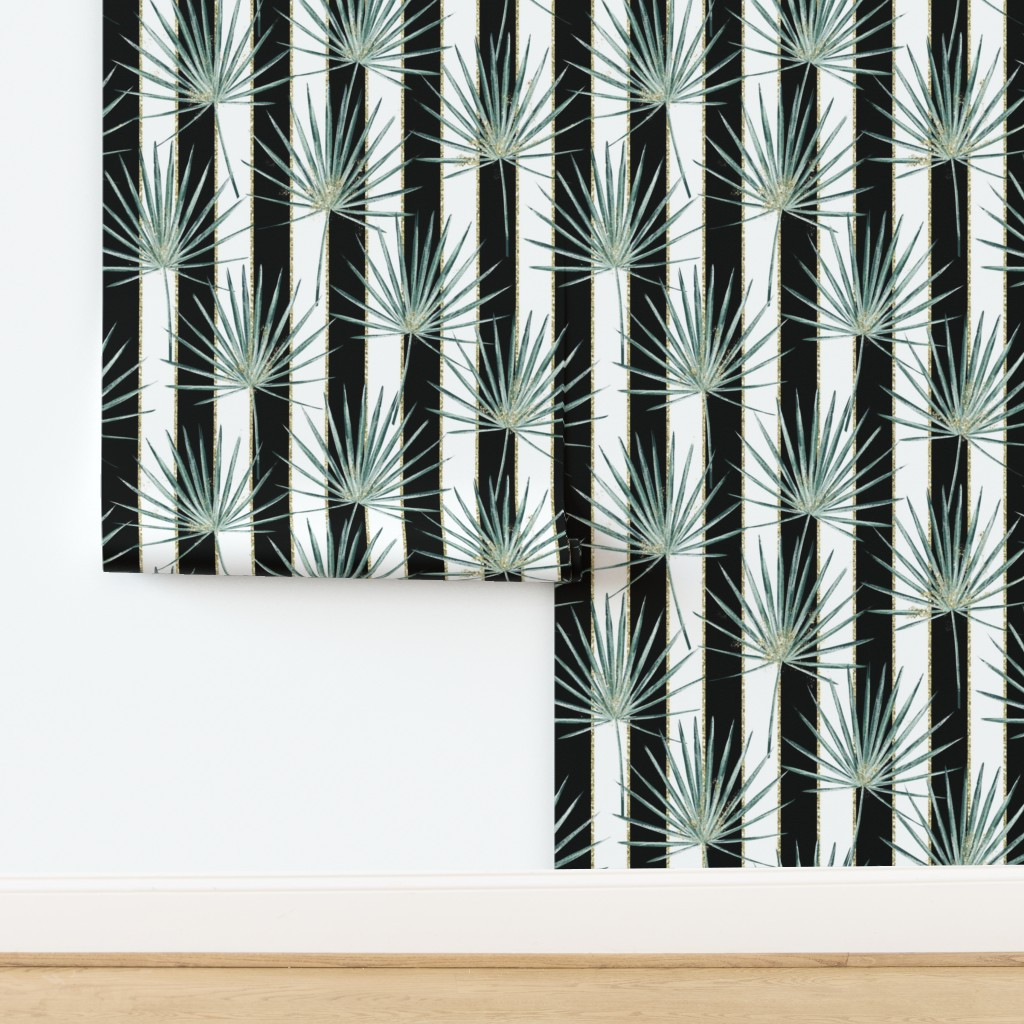 Palm leaves on black and white stripes glittered Wallpaper byelenaivanpapa | Spoonflower