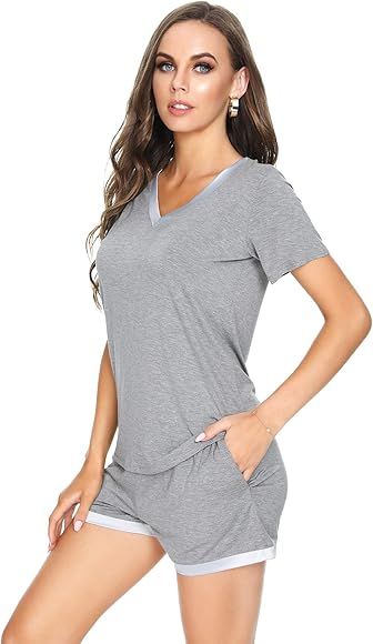 WiWi Womens Pajamas Set Soft Bamboo Pjs Nightwear Short Sleeve Top with Shorts Pajama Sets Plus Size | Amazon (US)