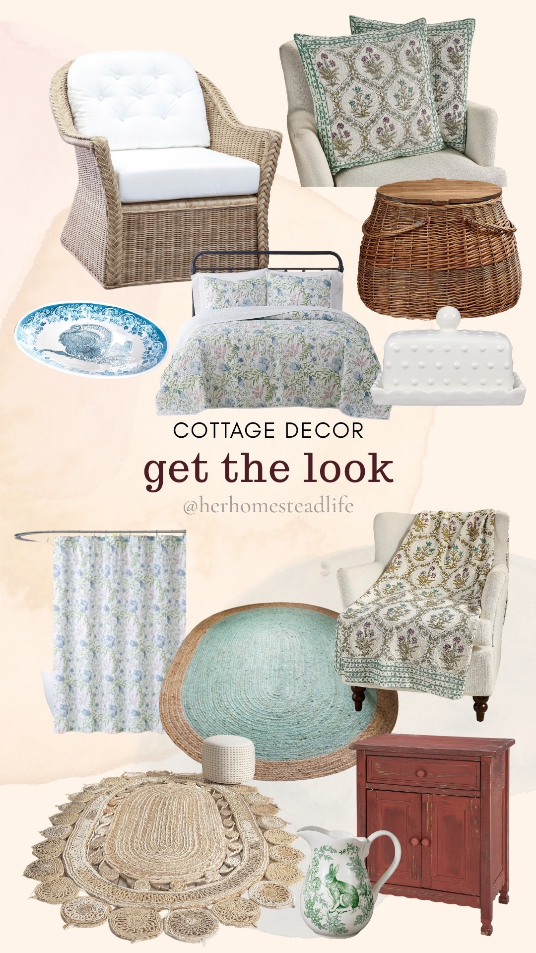 Cottage decor

Jute rugs | shaker furniture | cottage furniture | scalloped furniture | floral shower curtain | quilt | quilted pillows | basket | woven basket | wicker chair | cottage chair | blue | light blue | white | beige | cottage dishes

#LTKHome