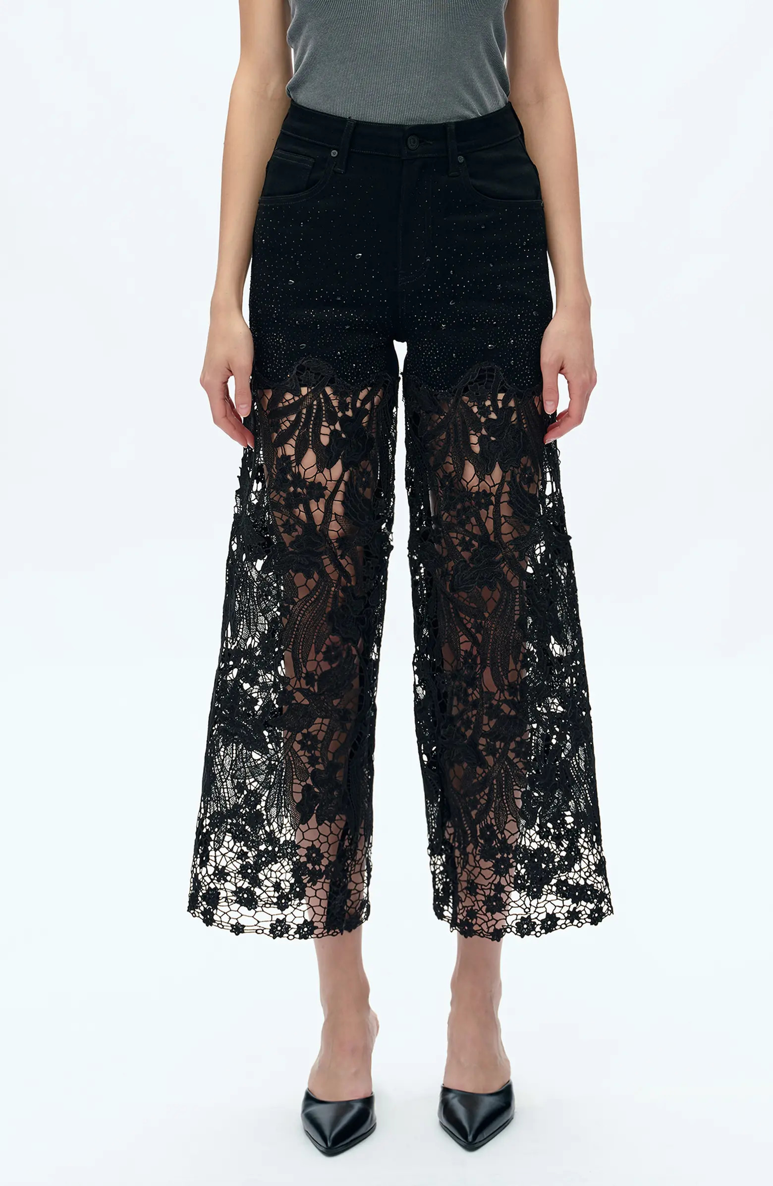 High Waist Crystal Embellished Lace Wide Leg Jeans | Nordstrom