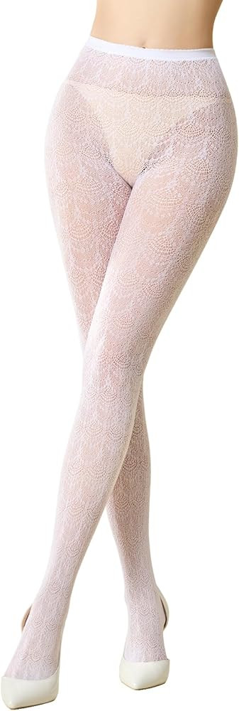 MANZI Women's Hollow Out Knitted Patterned Tights White Lace Fishnet Stockings Vertical Strips Pa... | Amazon (US)