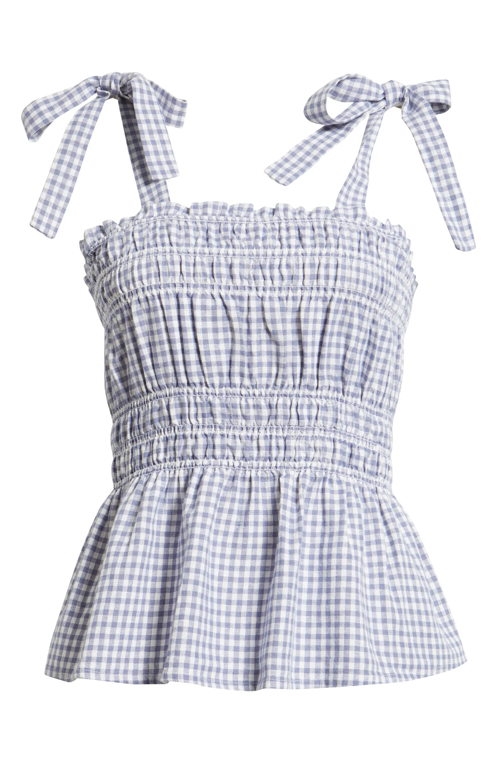 Gingham Shirred Linen Blend Top | Nordstrom