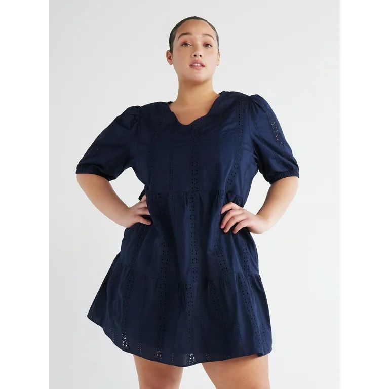 Time and Tru Women's Plus Eyelet Mini Dress with Puff Sleeves, Sizes 1X-4X | Walmart (US)