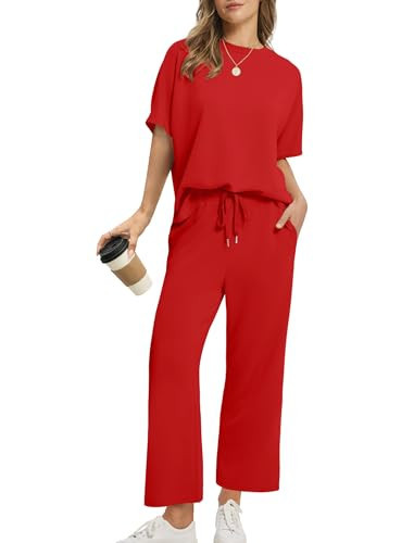 Sampeel Two Piece Sets for Women Christmas Outfits Holiday Trendy Spring Lounge Sets Round Neck Matching Set Women Clothing Red 2XL | Amazon (US)