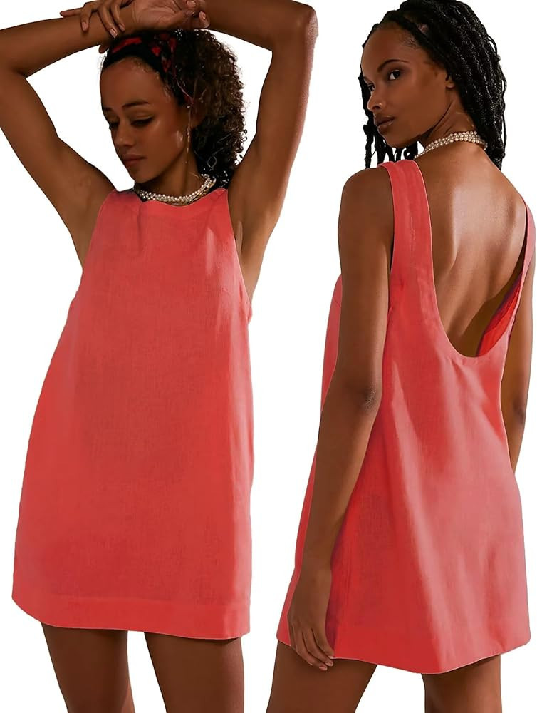VIUTIL Womens Summer Linen Mini Dress Boat Neck Low Back Sleeveless Tank Dresses with Pockets 202... | Amazon (US)