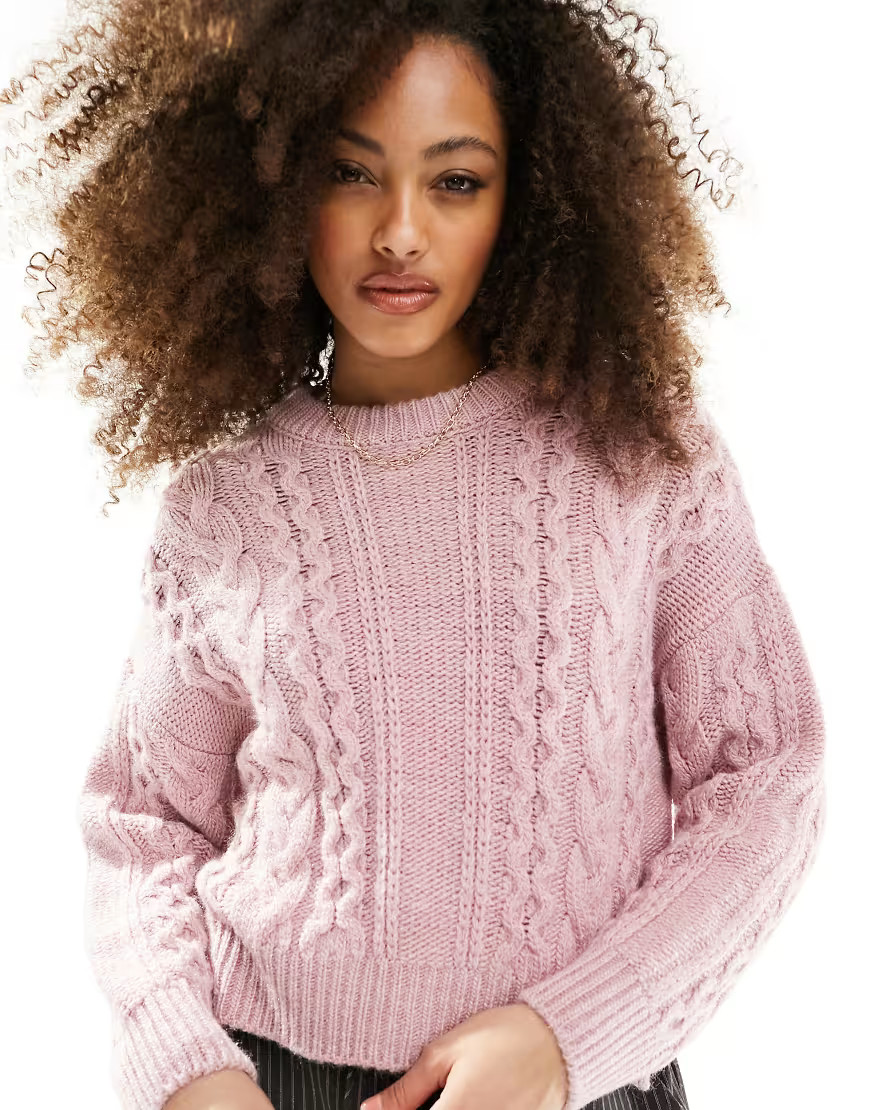 ASOS DESIGN crew neck cable jumper in pink | ASOS (Global)