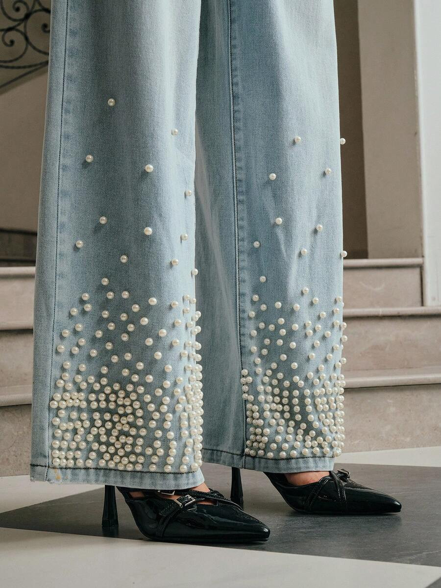 Anewsta Fashionable Embellished Bubble Pearl Women's Blue Jeans | SHEIN