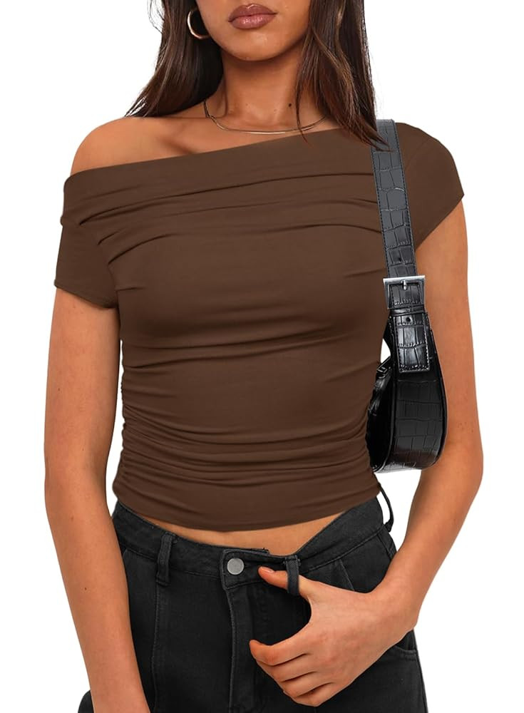 Darong Women's Summer Cap Sleeve Boat Neck Off Shoulder Top Going Out Slim Fit Tops Y2K Tight Shi... | Amazon (US)