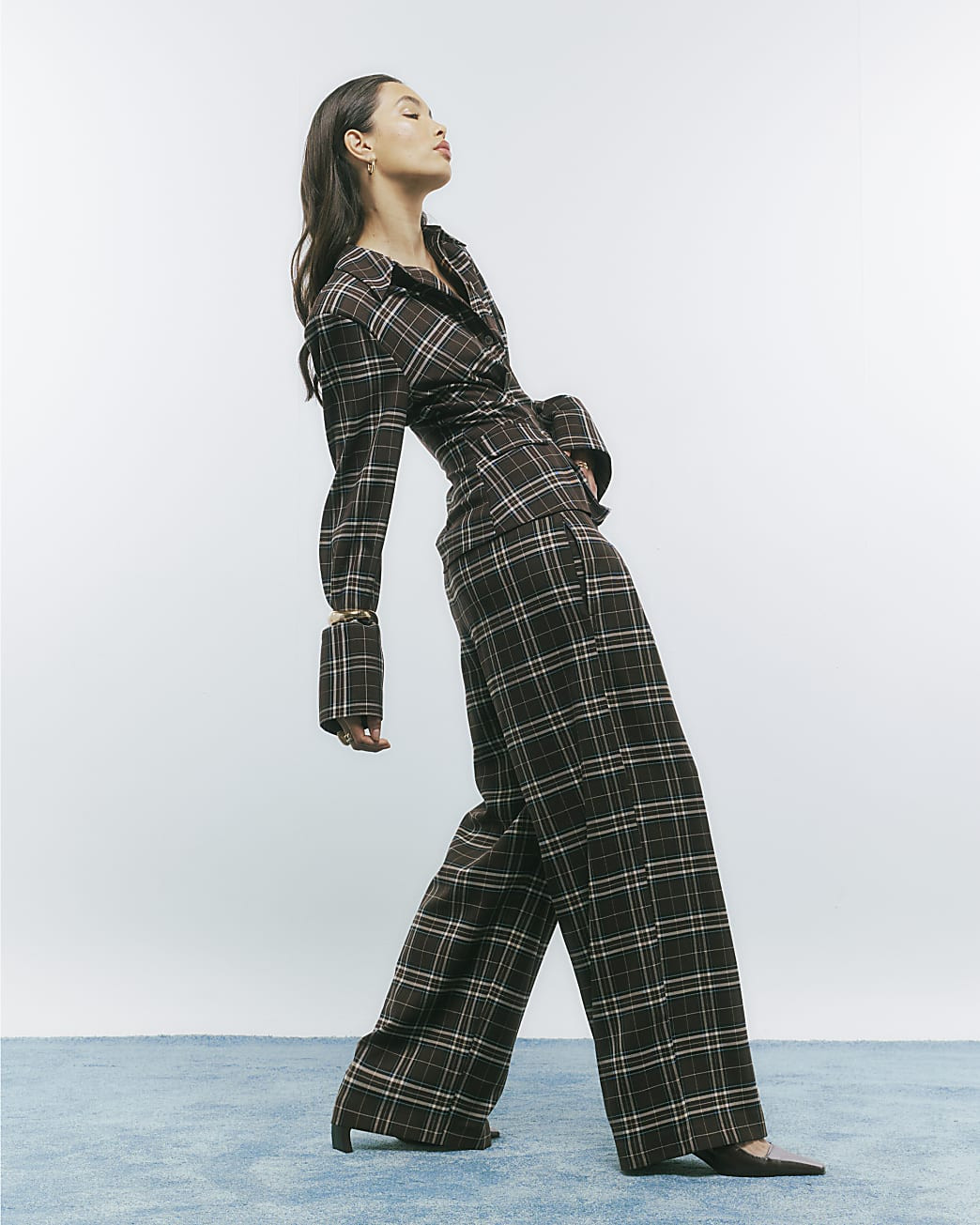 Brown Wide Leg Check Trousers | River Island UK & IE