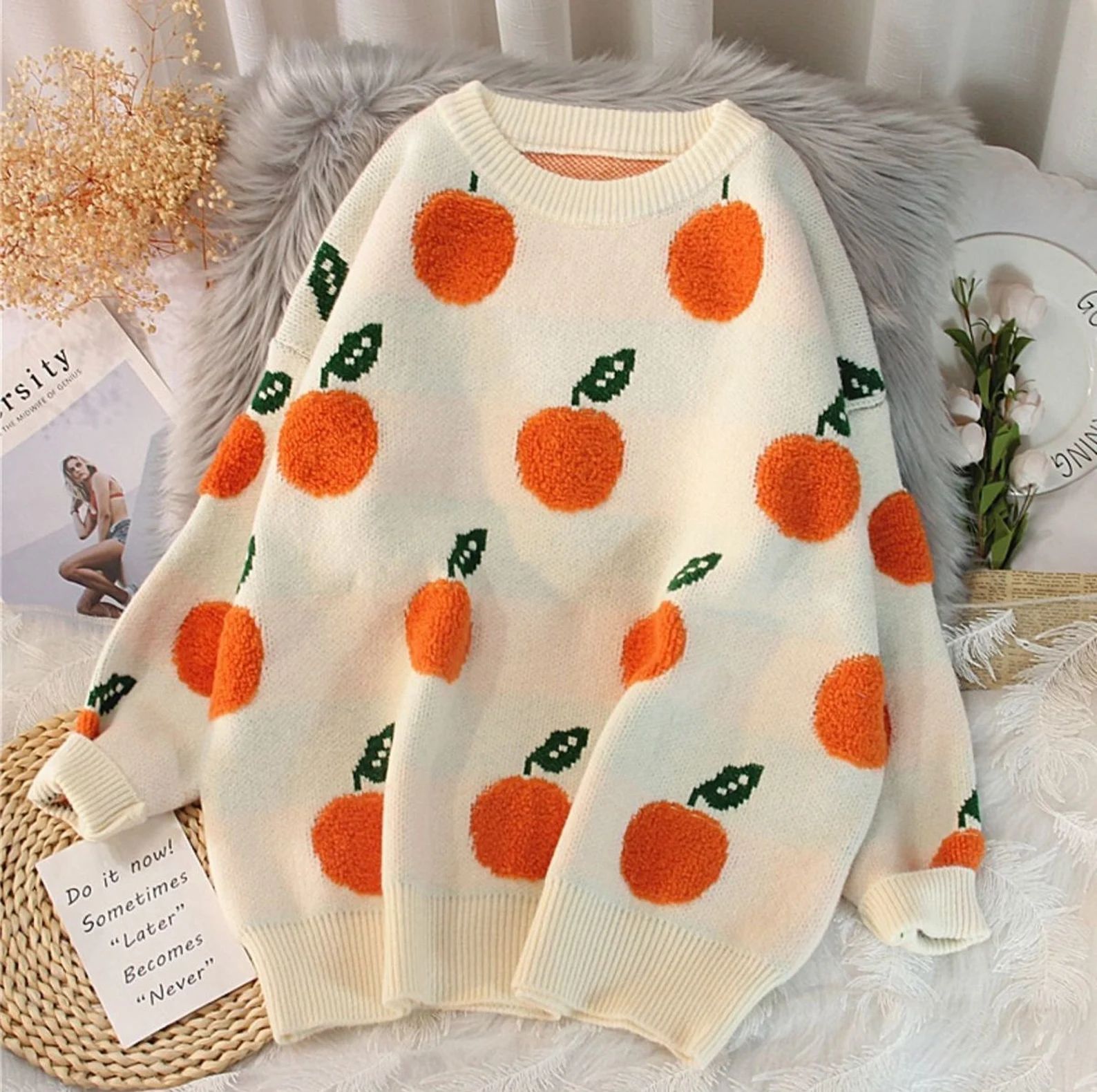 Orange Fruit Sweater Korean Style O-Neck Knitted Cardigans Female Casual Jumper Long Sleeve Onesi... | Etsy (US)