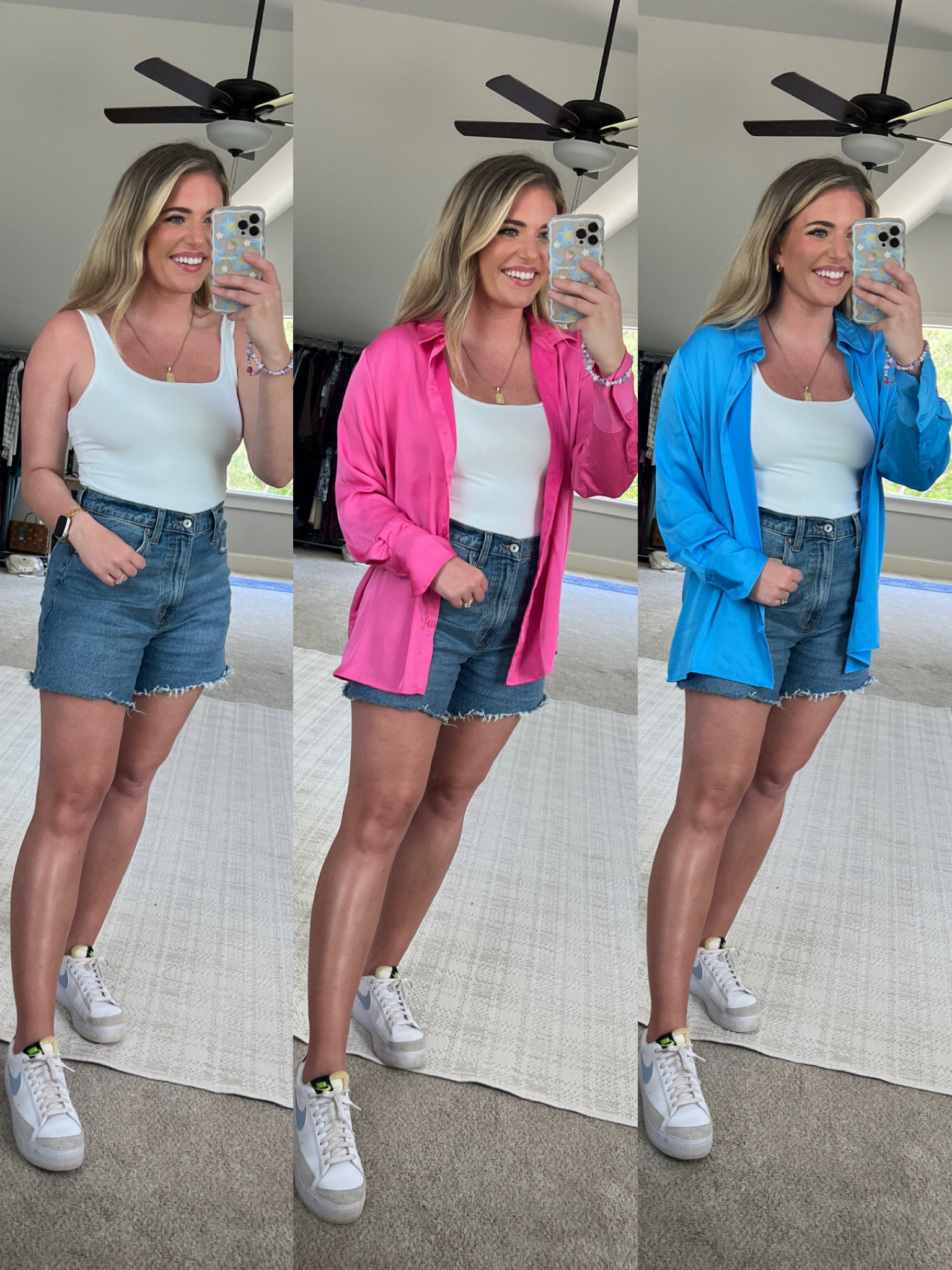 Fave shorts just restocked!!!! These are 5” and don’t ride up in your inner thighs. So comfy & flattering. 5” inseam & 2” extra in thighs & boots for comfort. 🤌🏼 
sized up 1 to the 30 for the perfect fit. & on sale - 15% off 🤩
Bodysuit TTS - M. Great layering basic & also 15% off 

Platform Sneakers & sandals TTS 
Pink & blue satin button down shirts (my fav) TTS - M 


#LTKsalealert #LTKFind #LTKunder50