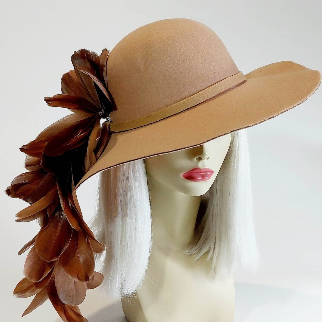 Feather Hat Brown Tan Felt Floppy Hat Boho Festival Hat Derby Race Day Hat Vintage 70s Style Hat ... | Etsy (US)