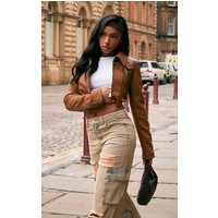 Brown Faux Suede Contrast Faux Leather Western Look Cropped Jacket | PrettyLittleThing US