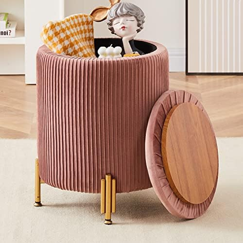 Round Ottoman Foot Stool with Storage and Metal Legs for Living Room Bedroom, Velvet Upholstered ... | Amazon (US)