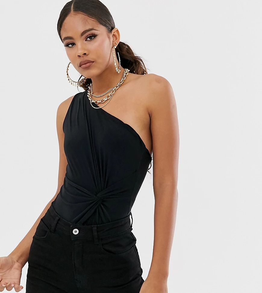 Club L London Tall ruched knot front one shoulder body in black | ASOS (Global)