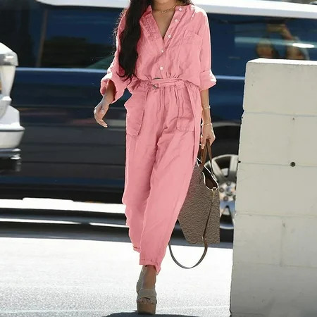 Haykey Pink Womens Jumpsuit Women S Spring And Autumn V-Neck Solid Color Long Sleeve Pocket Belt But | Walmart (US)