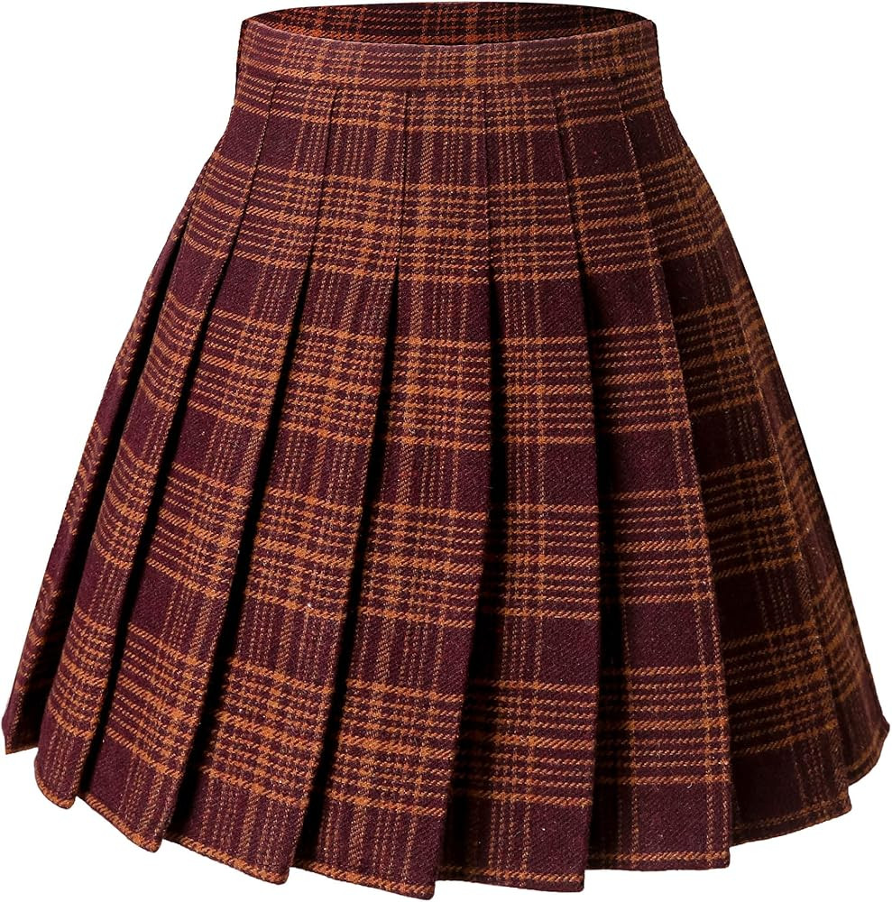 Hoerev Women Girls Thick Wool Fabric for Cold Weather Versatile Plaid Pleated Skirt with Shorts | Amazon (US)