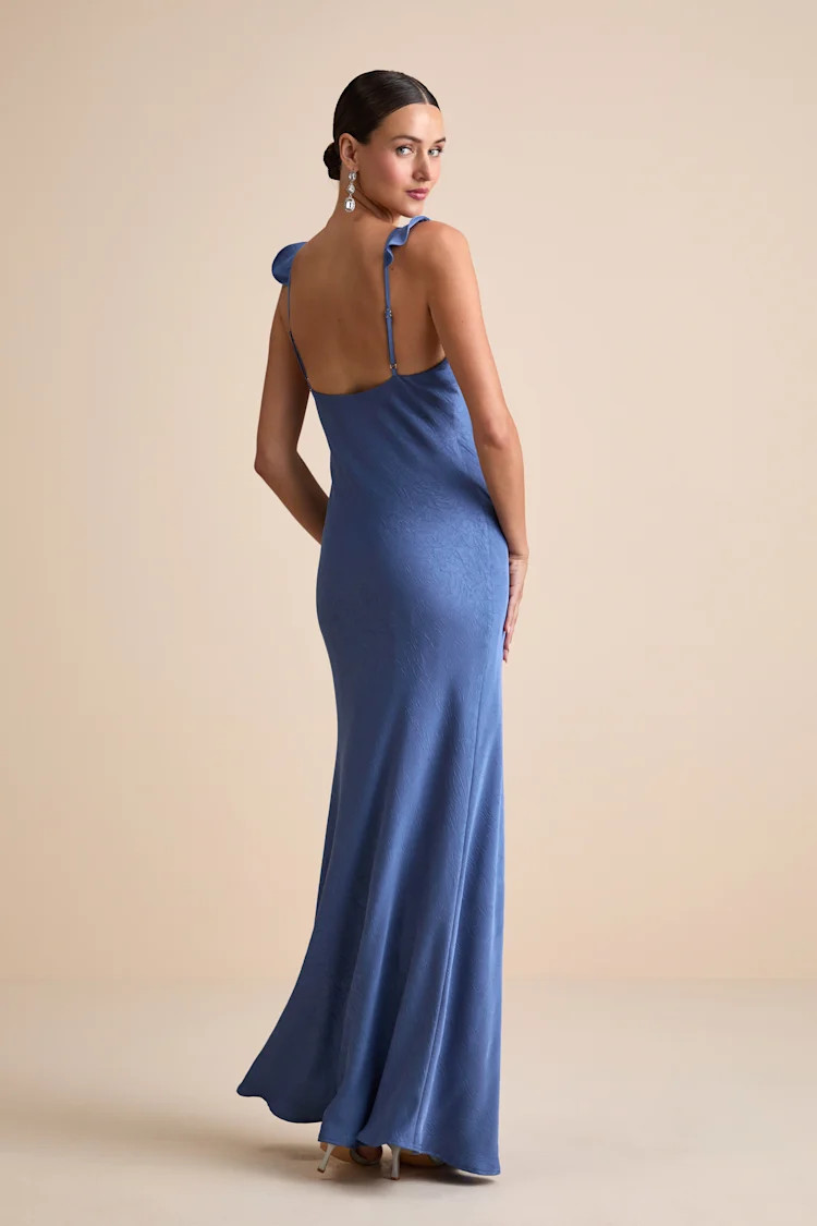 Angela Blue Satin Ruffed Slip Maxi Dress | Lulus
